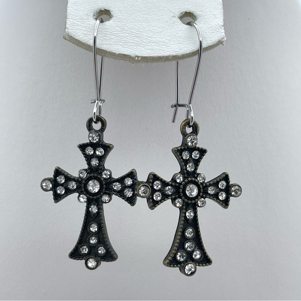 Vintage Style Rhinestone Cross Dangle Earrings Antique Bronze Tone